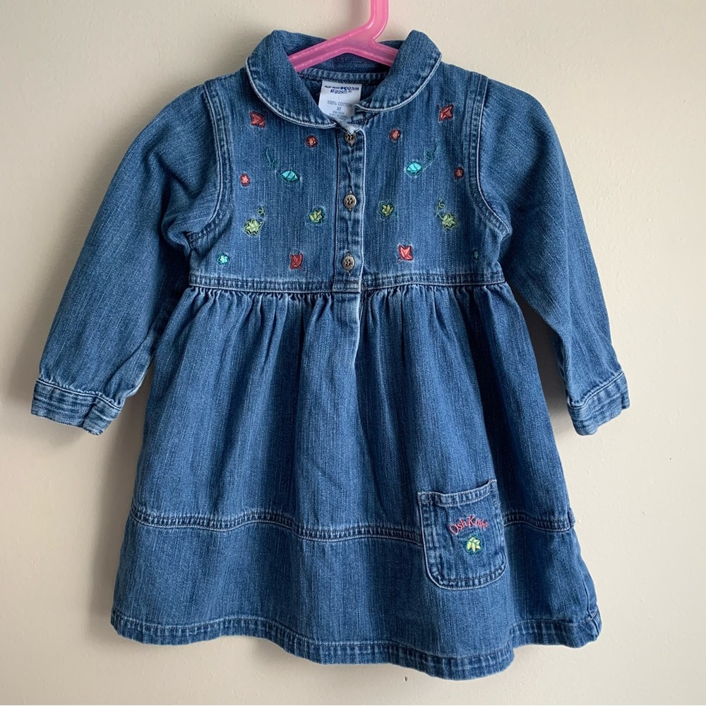 Vintage OshKosh Embroidered Denim Jean Long Sleeve Dress Sz 3T